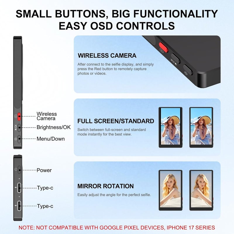 XBONFIRE 4" Magnetic Phone Vlog Selfie Monitor Screen, 1080P Wireless Mirroring, Phone Selfie Monitor Screen Back Camera Monitor for Selfie Vlog Content Creator Live Stream,Snaplylens for iPhone, Android - Image 5